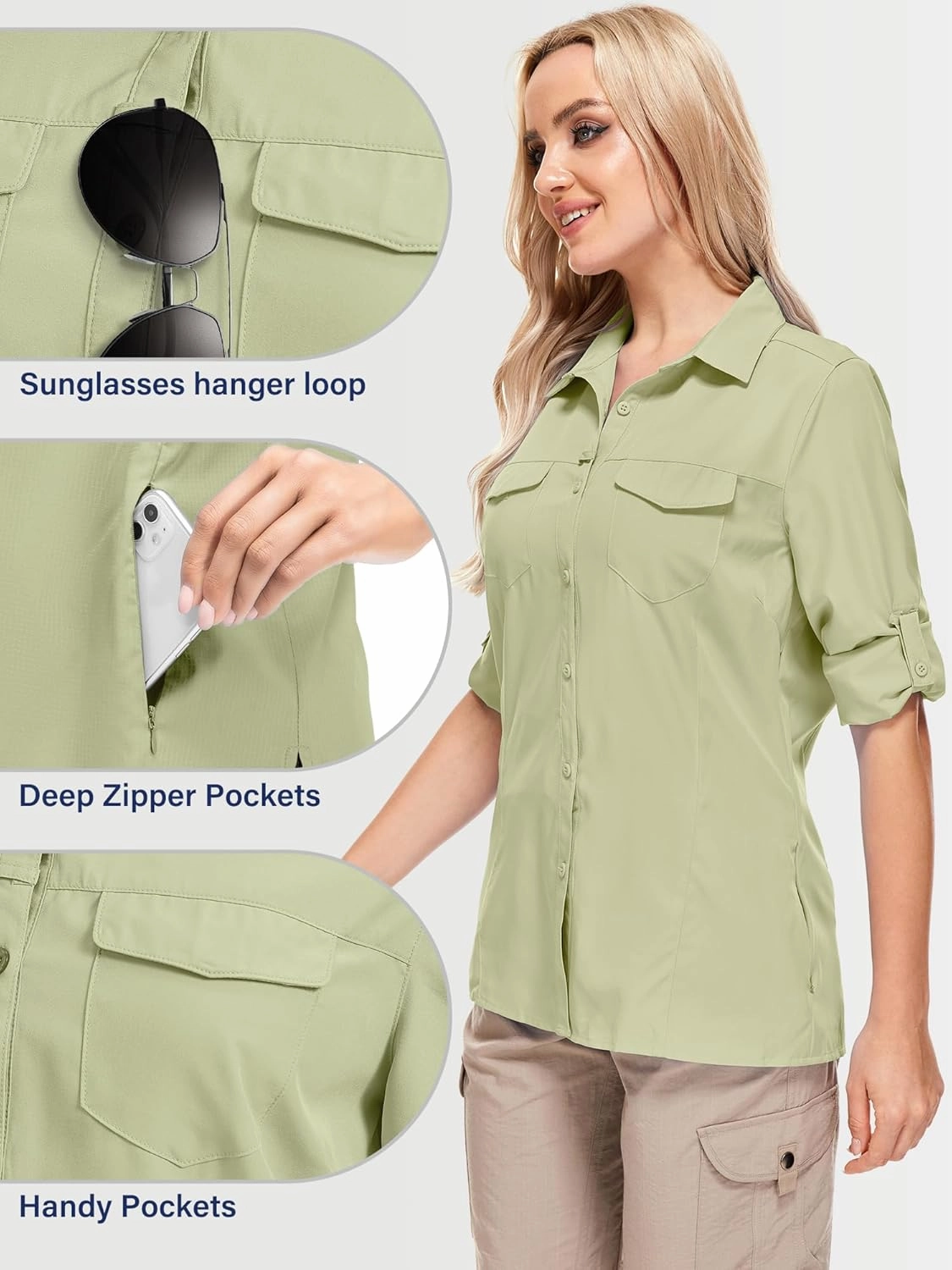 Women UPF 50  Sun Protection Safari Shirts Quick Dry Lightweight Outdoor Fishing Hiking Travel Shirts with Zipper Pockets