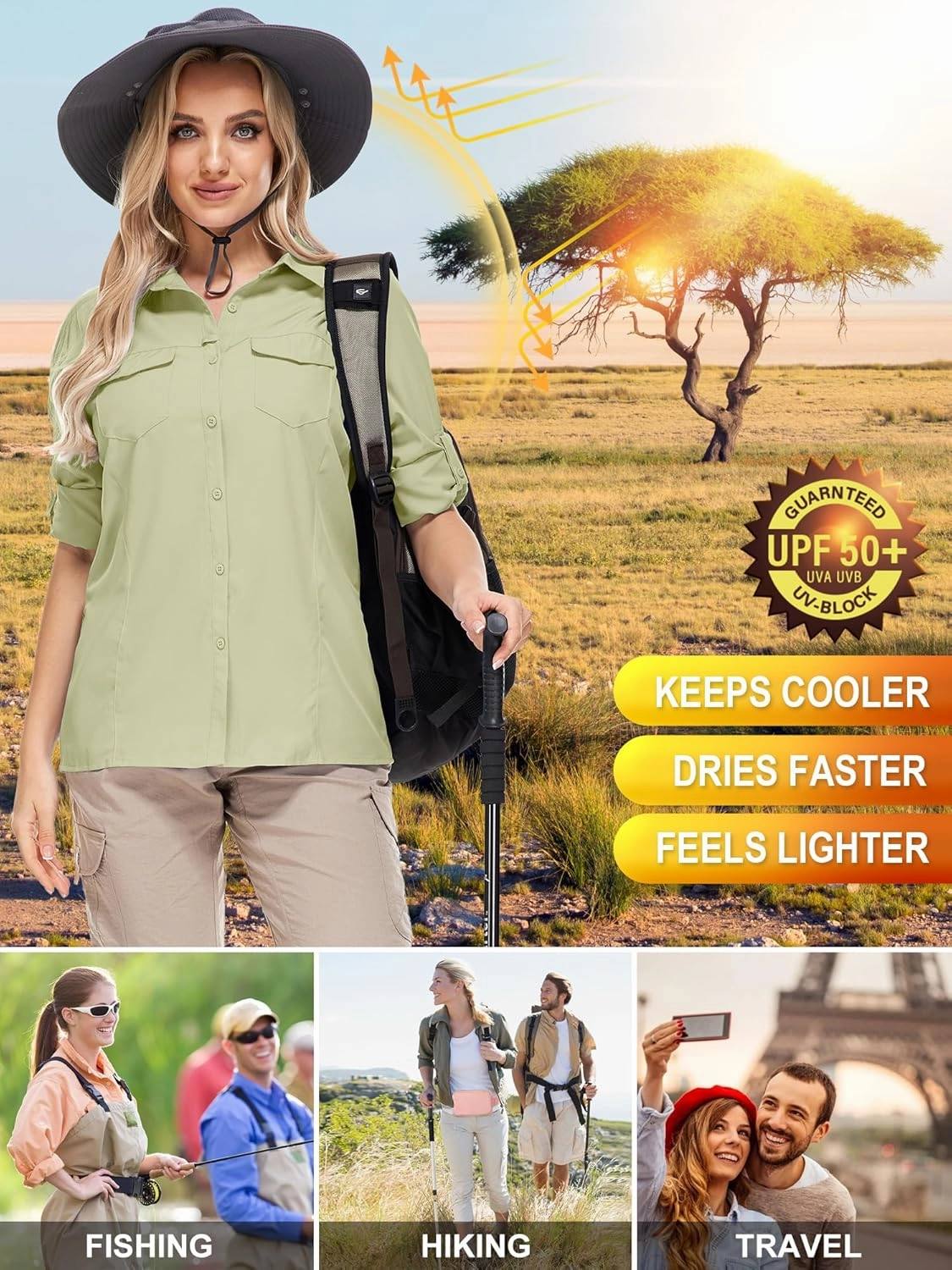 Women UPF 50  Sun Protection Safari Shirts Quick Dry Lightweight Outdoor Fishing Hiking Travel Shirts with Zipper Pockets