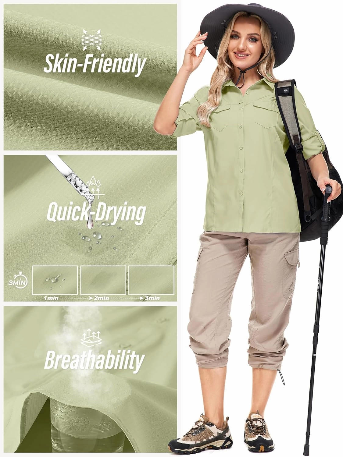 Women UPF 50  Sun Protection Safari Shirts Quick Dry Lightweight Outdoor Fishing Hiking Travel Shirts with Zipper Pockets