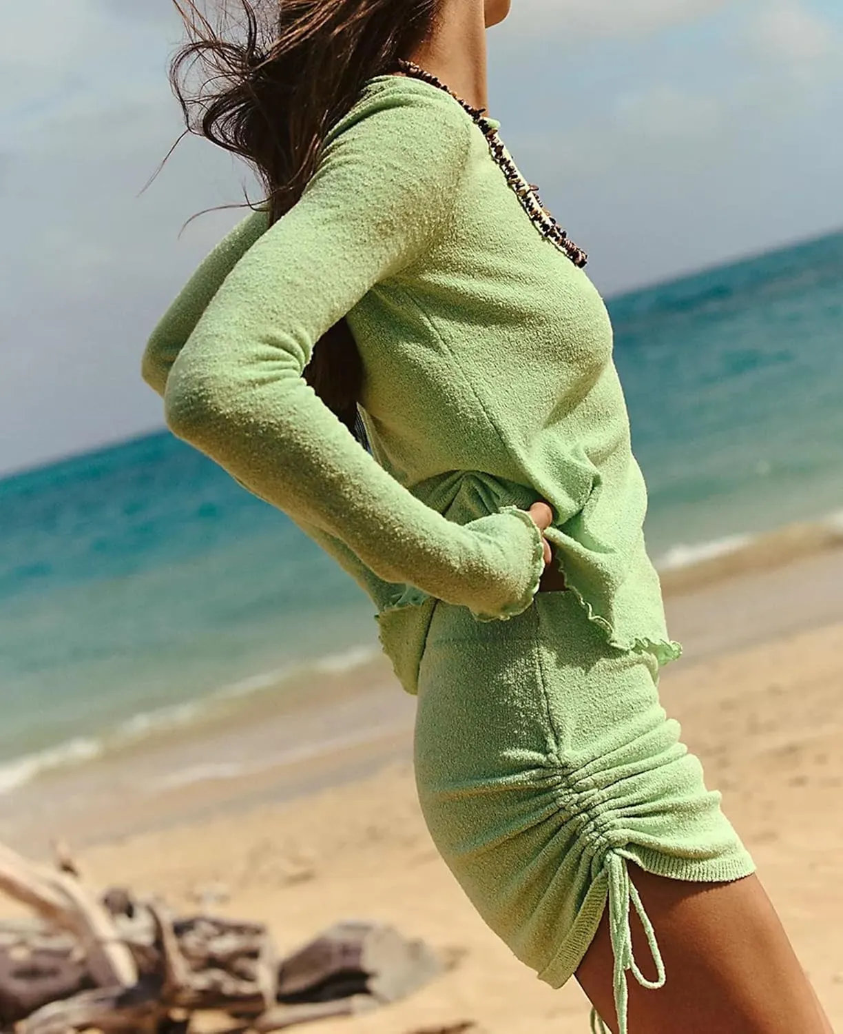 Women's 2 Piece Outfits Sweater Set Long Sleeve Knit Lettuce Hem Tops and Sides Cinch Tie Mini Skirt Lounge Sets