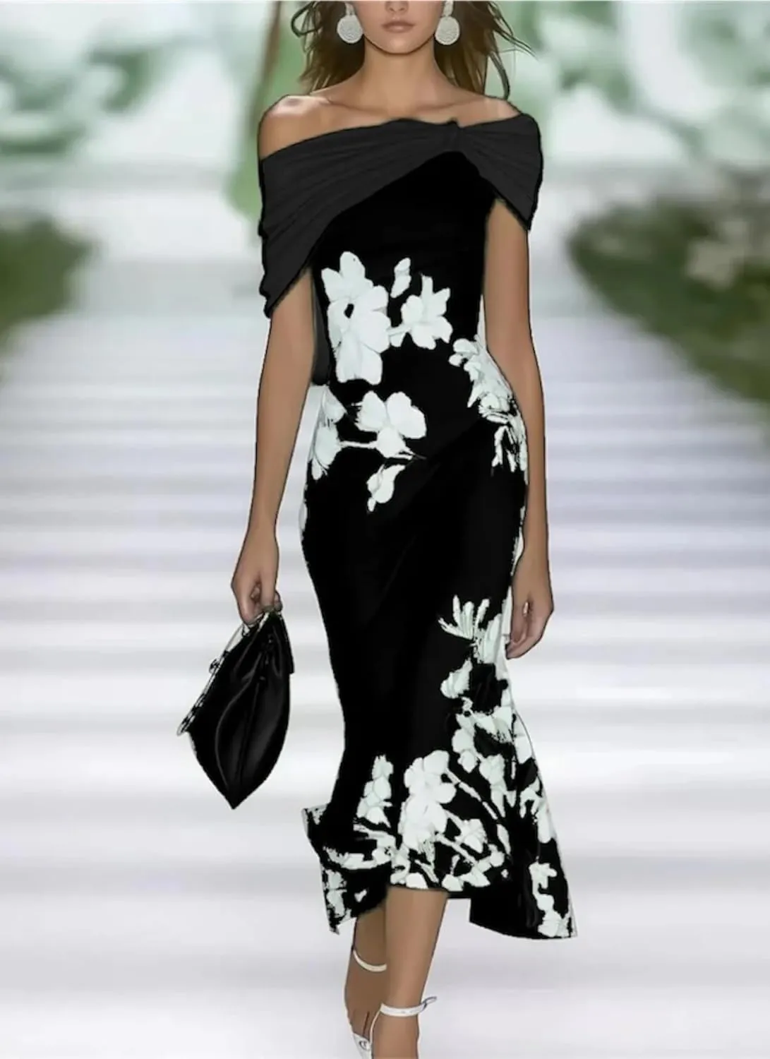 Womens 2025 Fashion Fresh Off Shoulder Floral Print Green Maxi Dress Slim Fit Summer Dress