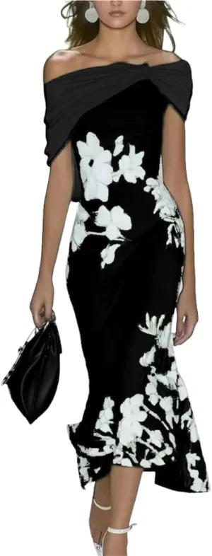 Womens 2025 Fashion Fresh Off Shoulder Floral Print Green Maxi Dress Slim Fit Summer Dress