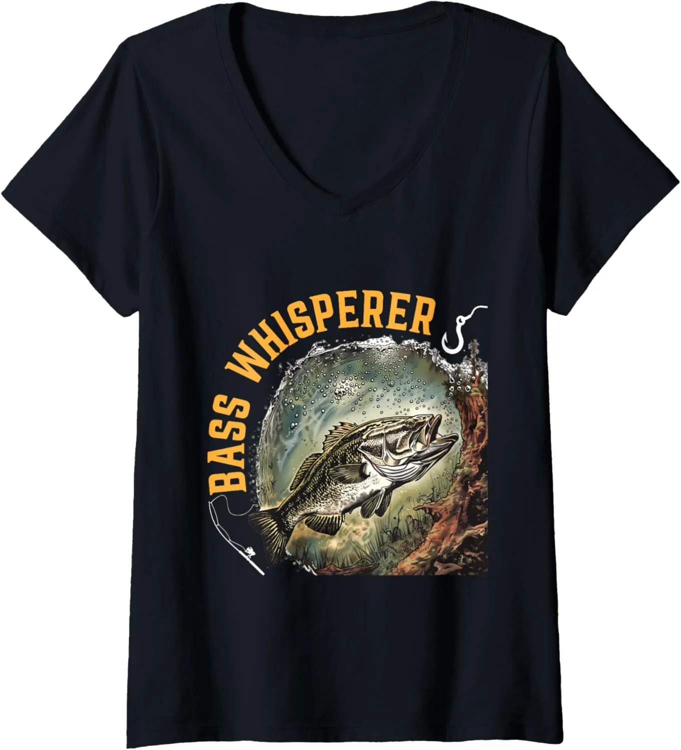 Womens Bass Whisperer bass fisherman fishing for bass V-Neck T-Shirt