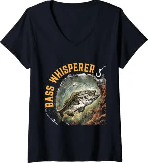 Womens Bass Whisperer bass fisherman fishing for bass V-Neck T-Shirt