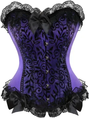 Womens Corsets Floral with Black Lace Trim Corset Satin Overbust Waist Cincher Bustier