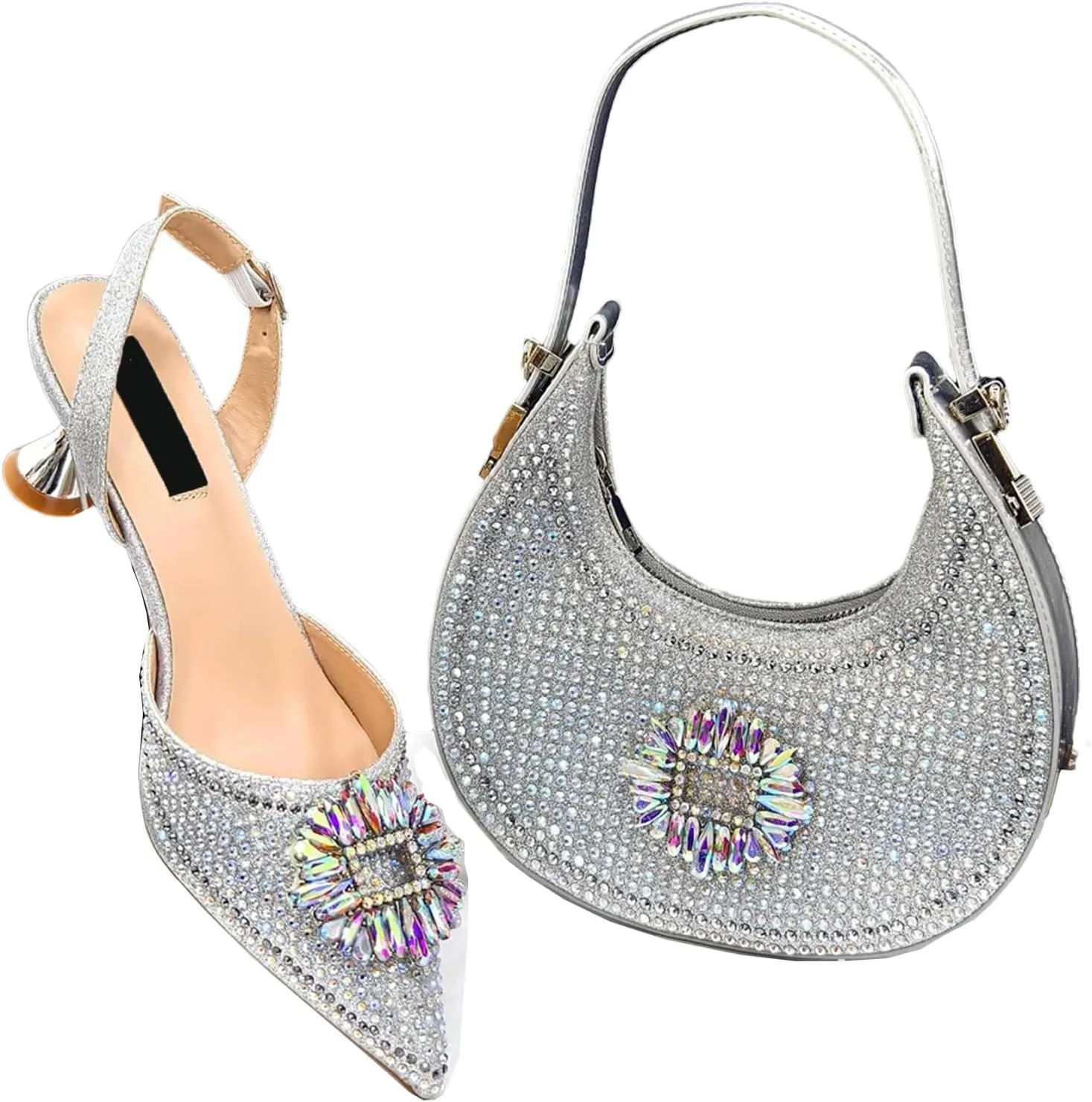 Womens Elegant Rhinestone Pattern Evening Shoes and Purse Combo Pointed Toe High Heels for Bridal Party