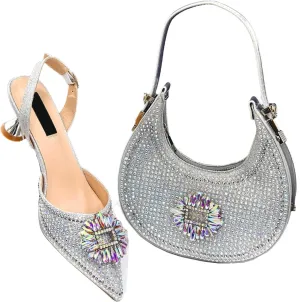 Womens Elegant Rhinestone Pattern Evening Shoes and Purse Combo Pointed Toe High Heels for Bridal Party