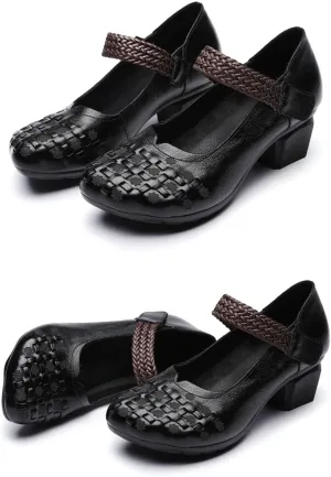 Women's Leather Printed Chunky Heel Mary Jane Shoes, Fashion Vintage Closed Wide Toe Adjustable Hook and Loop Low Block Heel Pumps, Comfortable Breathable Casual Backless Mom Pumps