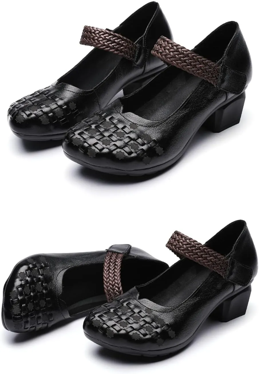 Women's Leather Printed Chunky Heel Mary Jane Shoes, Fashion Vintage Closed Wide Toe Adjustable Hook and Loop Low Block Heel Pumps, Comfortable Breathable Casual Backless Mom Pumps