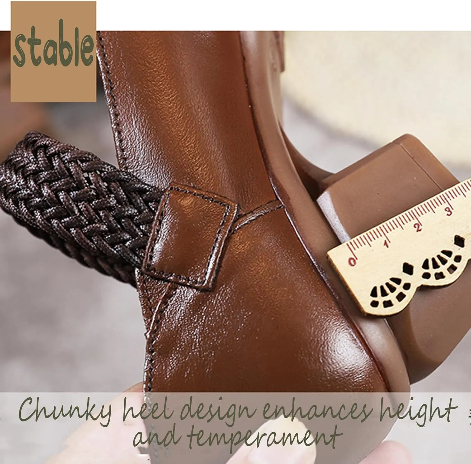 Women's Leather Printed Chunky Heel Mary Jane Shoes, Fashion Vintage Closed Wide Toe Adjustable Hook and Loop Low Block Heel Pumps, Comfortable Breathable Casual Backless Mom Pumps
