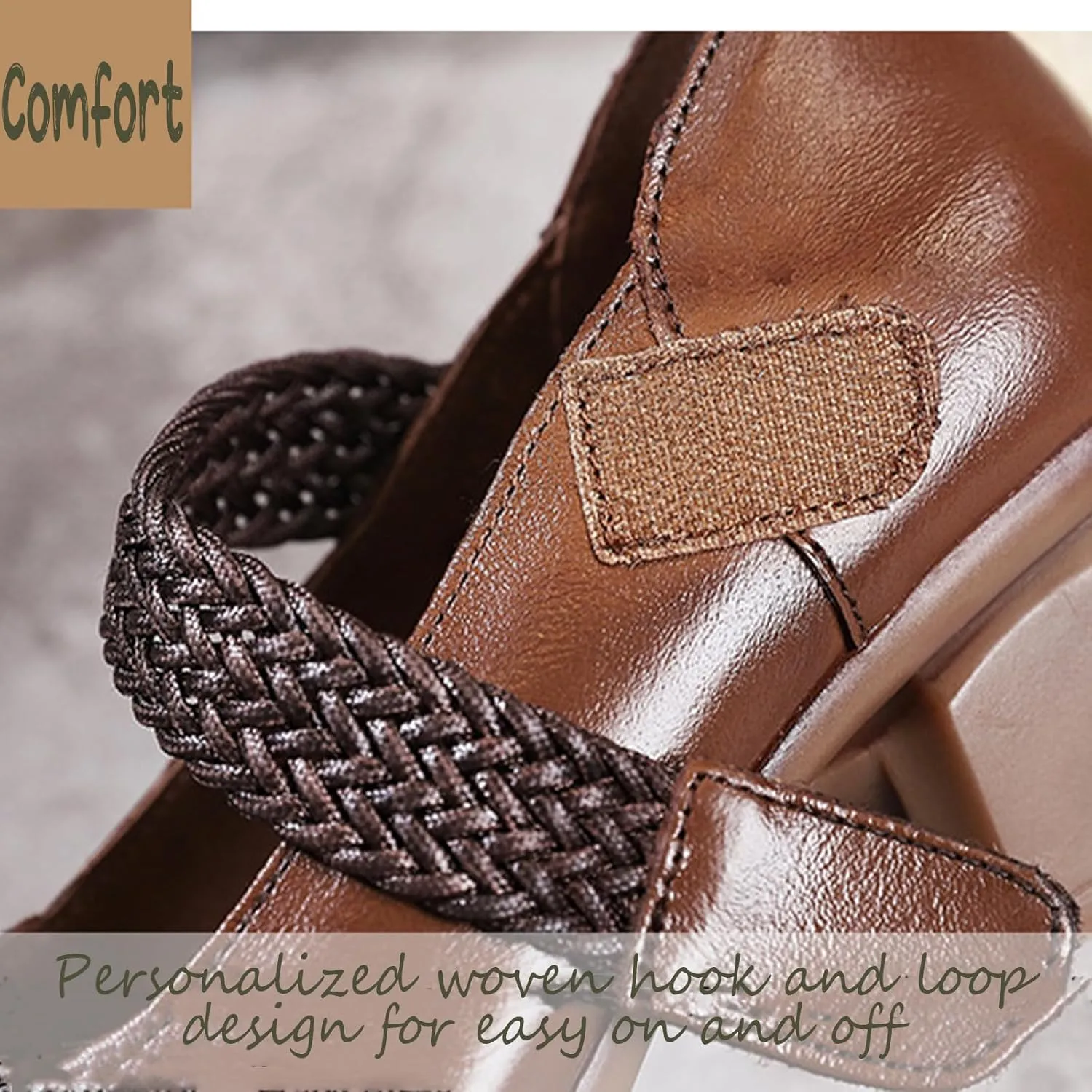 Women's Leather Printed Chunky Heel Mary Jane Shoes, Fashion Vintage Closed Wide Toe Adjustable Hook and Loop Low Block Heel Pumps, Comfortable Breathable Casual Backless Mom Pumps