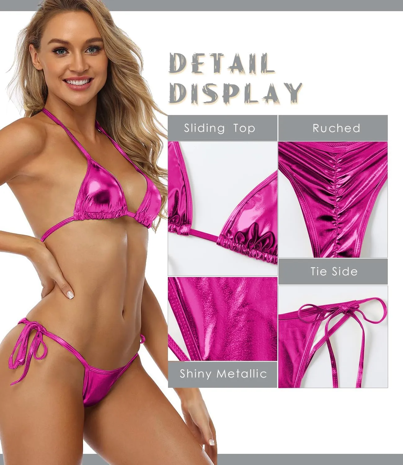 Women's Liquid Metallic Rainbow Bikini Sets Shiny String Padded Triangle 2 Pieces Swimsuit Set