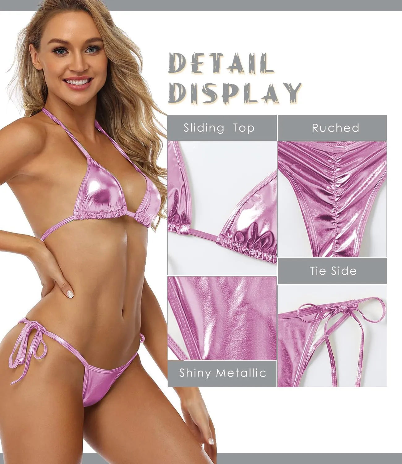Women's Liquid Metallic Rainbow Bikini Sets Shiny String Padded Triangle 2 Pieces Swimsuit Set
