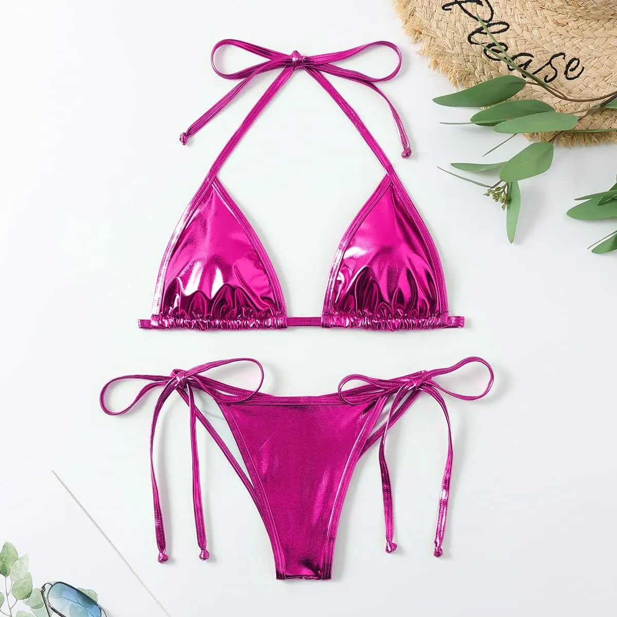 Women's Liquid Metallic Rainbow Bikini Sets Shiny String Padded Triangle 2 Pieces Swimsuit Set