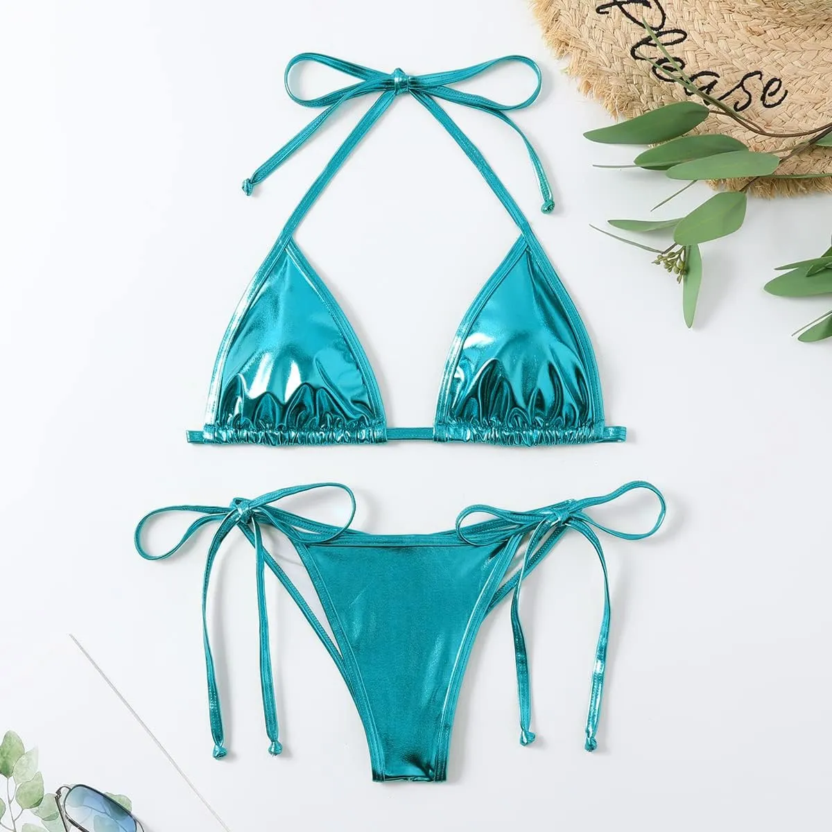 Women's Liquid Metallic Rainbow Bikini Sets Shiny String Padded Triangle 2 Pieces Swimsuit Set