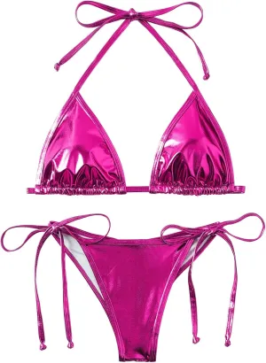 Women's Liquid Metallic Rainbow Bikini Sets Shiny String Padded Triangle 2 Pieces Swimsuit Set