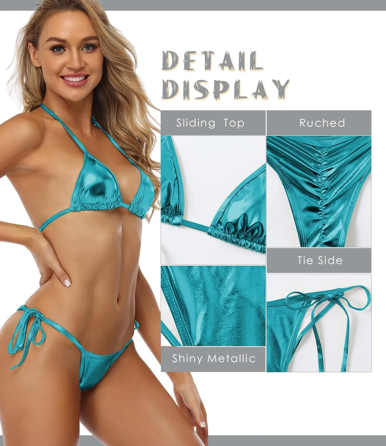 Women's Liquid Metallic Rainbow Bikini Sets Shiny String Padded Triangle 2 Pieces Swimsuit Set