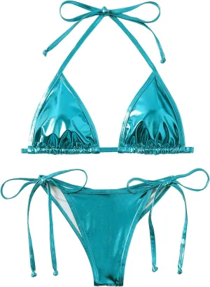 Women's Liquid Metallic Rainbow Bikini Sets Shiny String Padded Triangle 2 Pieces Swimsuit Set