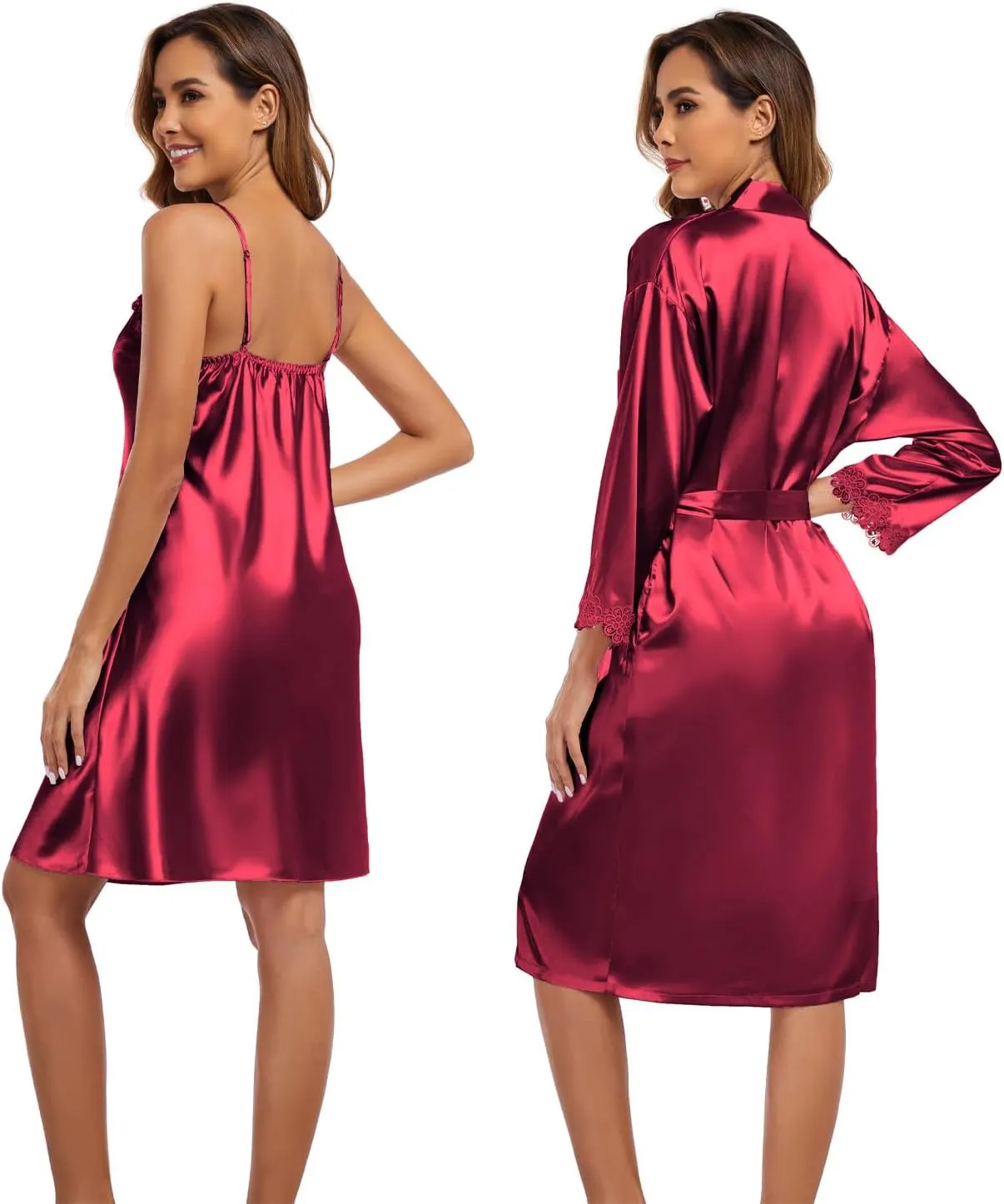 Women's Satin Robe Set 2 Piece Pajama Sets Sexy Lingerie Robes Soft Sleepwear Silky Kimono Nightgown with Camisole