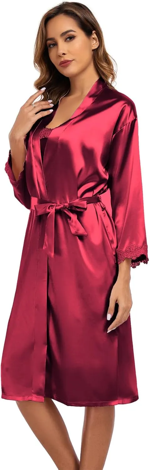 Women's Satin Robe Set 2 Piece Pajama Sets Sexy Lingerie Robes Soft Sleepwear Silky Kimono Nightgown with Camisole