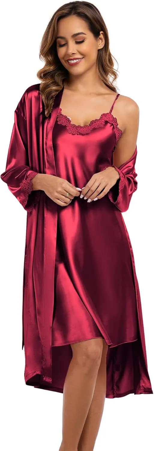 Women's Satin Robe Set 2 Piece Pajama Sets Sexy Lingerie Robes Soft Sleepwear Silky Kimono Nightgown with Camisole