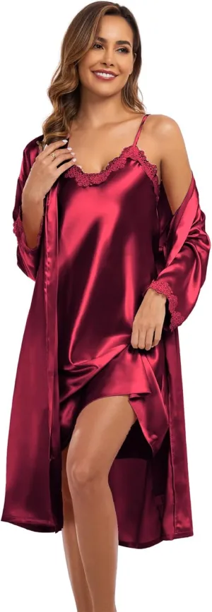 Women's Satin Robe Set 2 Piece Pajama Sets Sexy Lingerie Robes Soft Sleepwear Silky Kimono Nightgown with Camisole