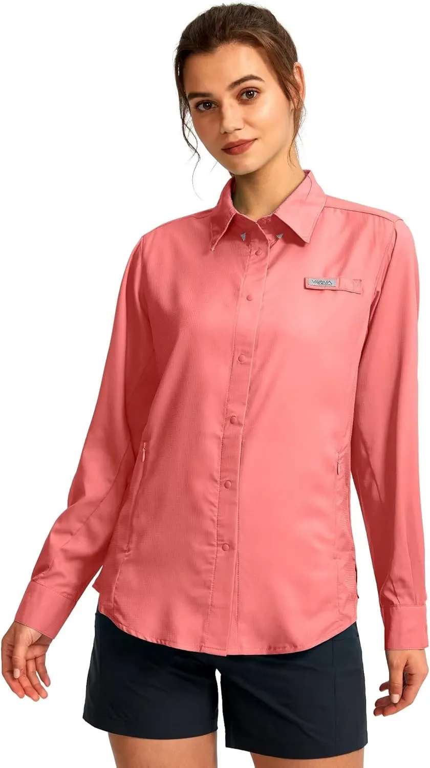 Womens Sun Protection Fishing Shirt with Zipper Pockets Lightweight SPF Long Sleeve Shirts for Hiking Safari