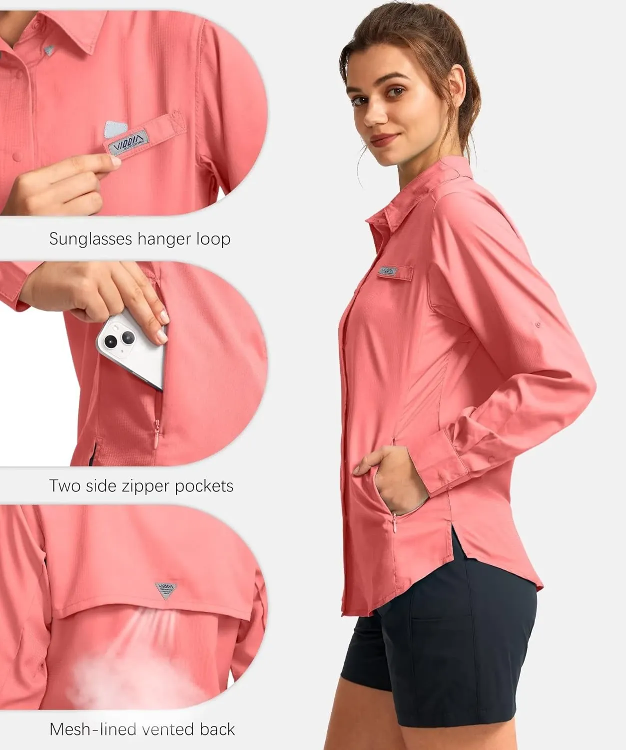 Womens Sun Protection Fishing Shirt with Zipper Pockets Lightweight SPF Long Sleeve Shirts for Hiking Safari