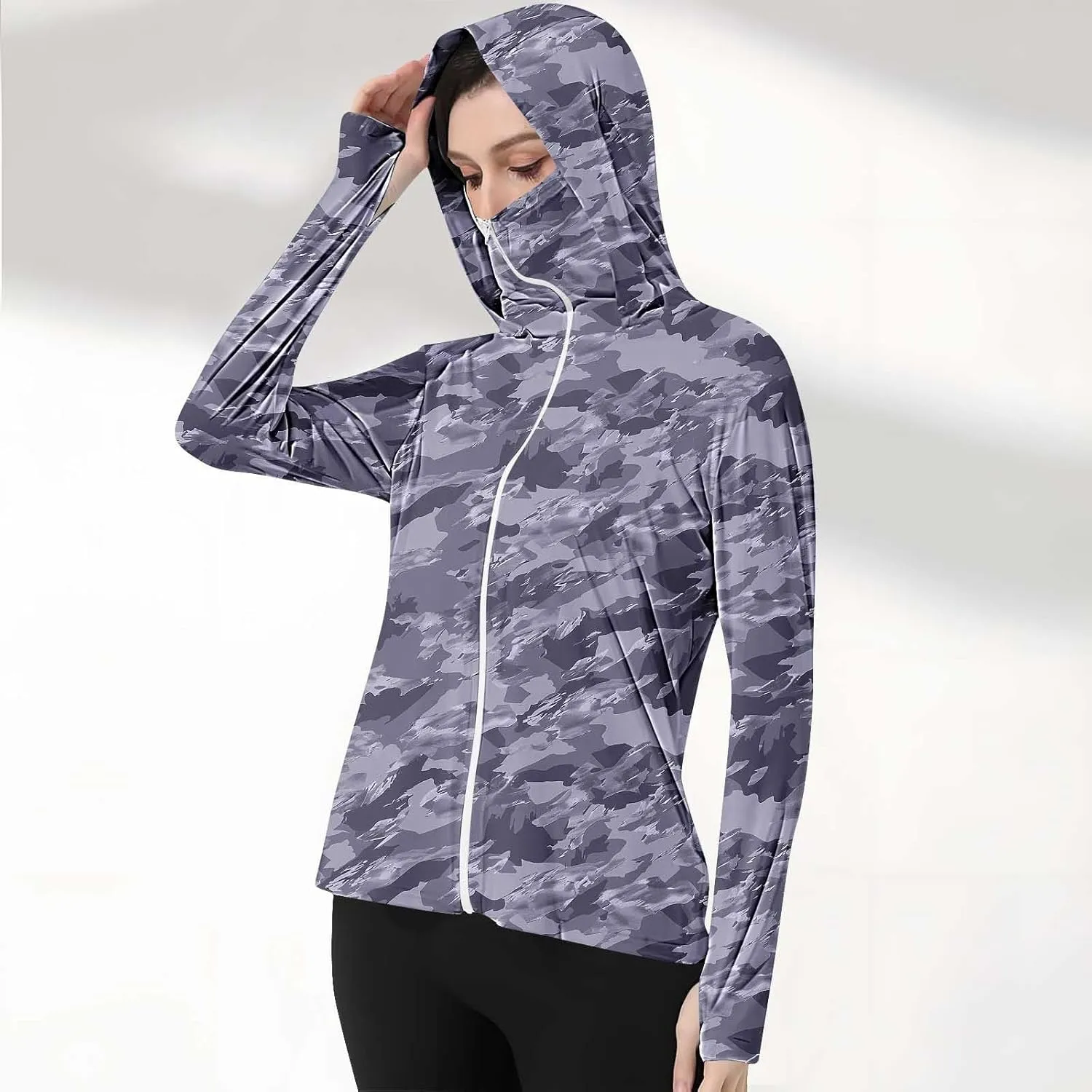 Women's UPF 50  Sun Protection Jacket Lightweight Long Sleeve Sun Shirt Hiking Outdoor UV Hoodie with Face Mask