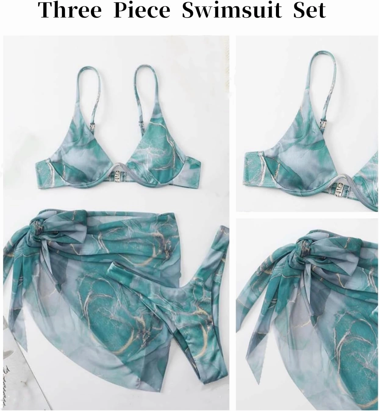 Womens 3 Piece Swimsuits Sets Halter Bikini Top Sexy Triangle Bikini Bottoms Beach Swimsuit with Skirt Swimwear
