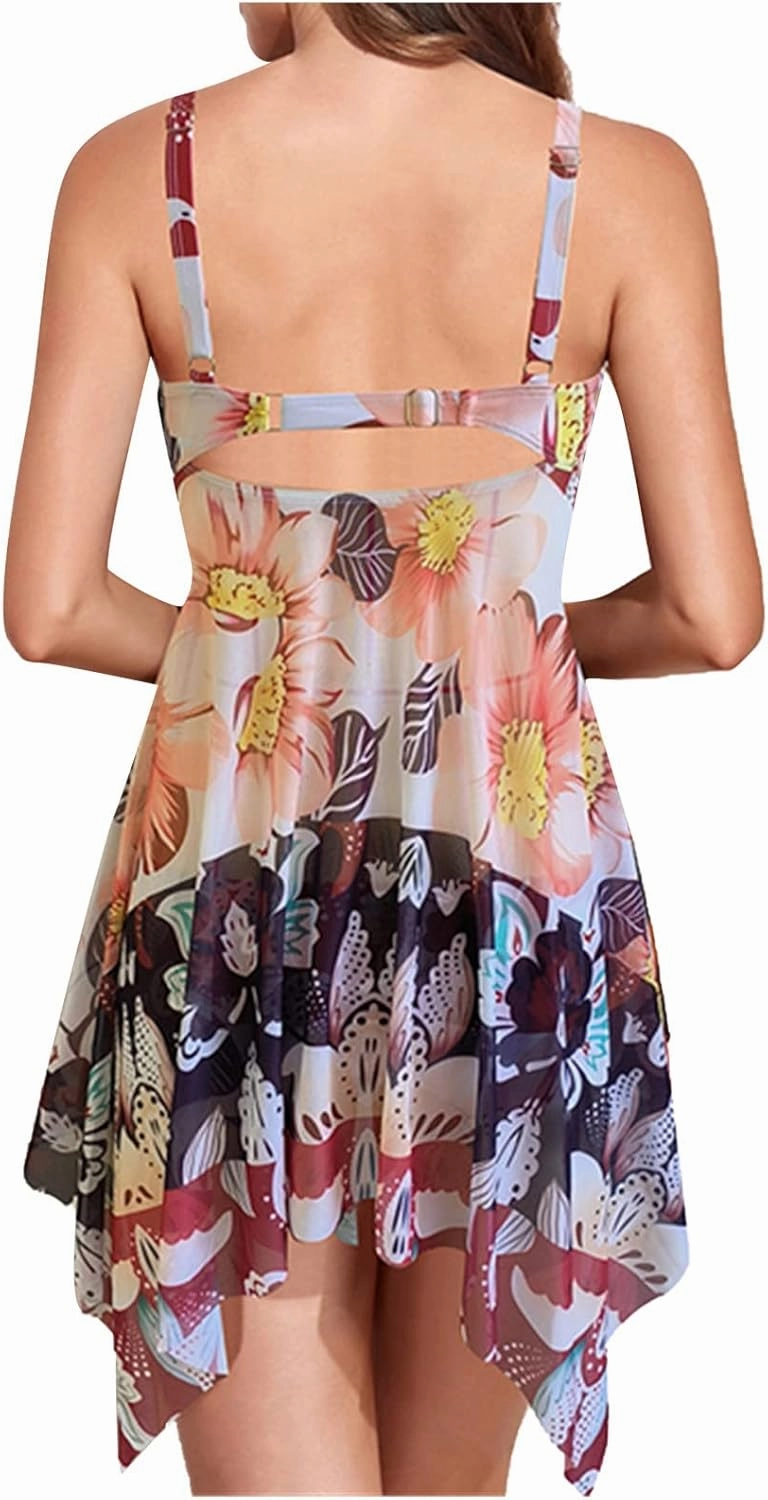 Womens Bathing Suits Two Piece Halter Swim Dress with Bikini Bottoms Mesh Swimsuits Ruffle Flowy Tankini Swimdress