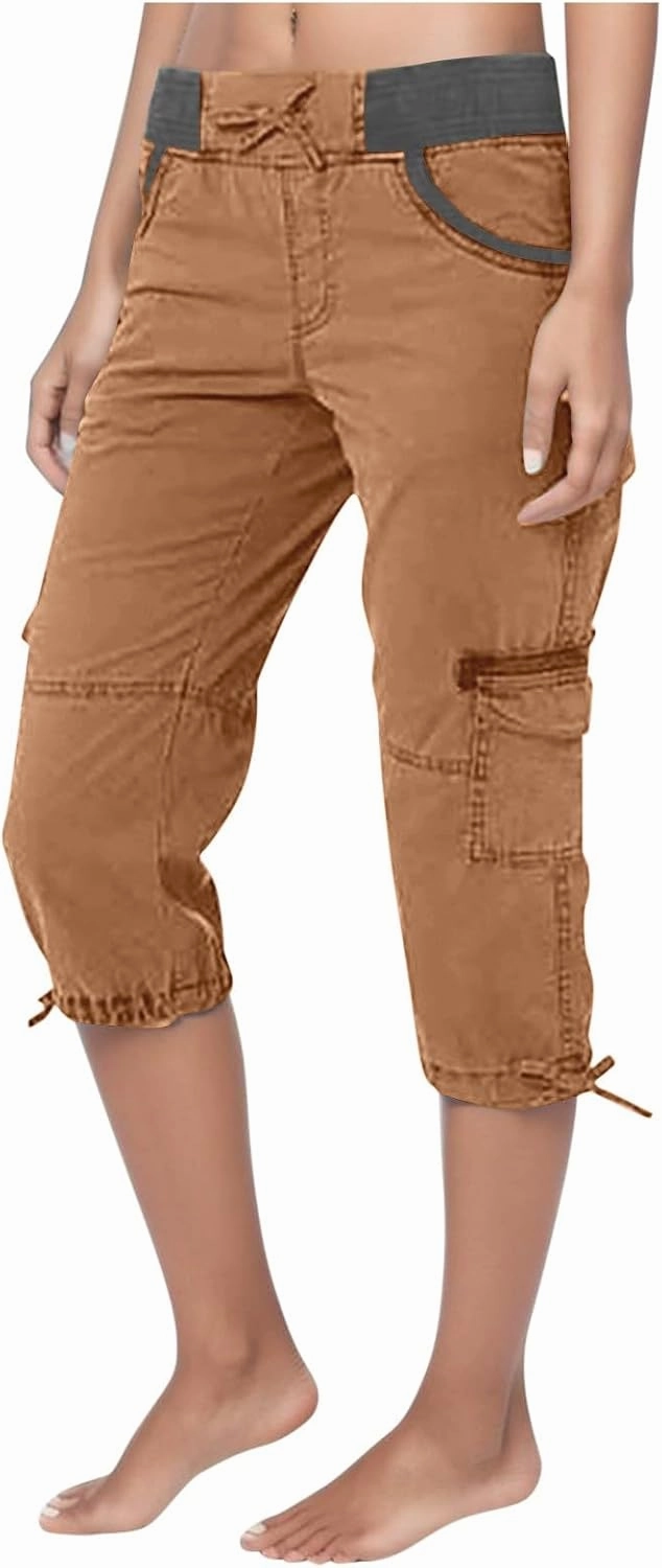 Womens Cargo Capris Summer Casual Cropped Pants Low Rise Drawstring Outdoor Hiking Pants Cotton Bermuda Shorts