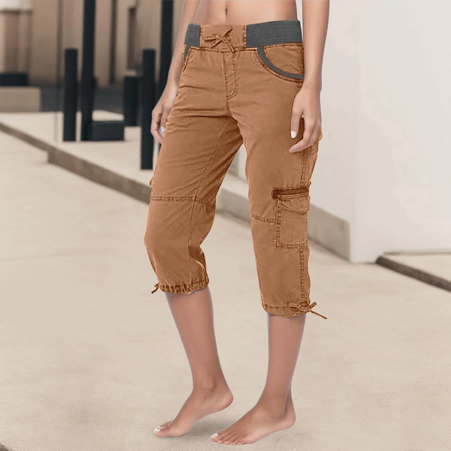 Womens Cargo Capris Summer Casual Cropped Pants Low Rise Drawstring Outdoor Hiking Pants Cotton Bermuda Shorts