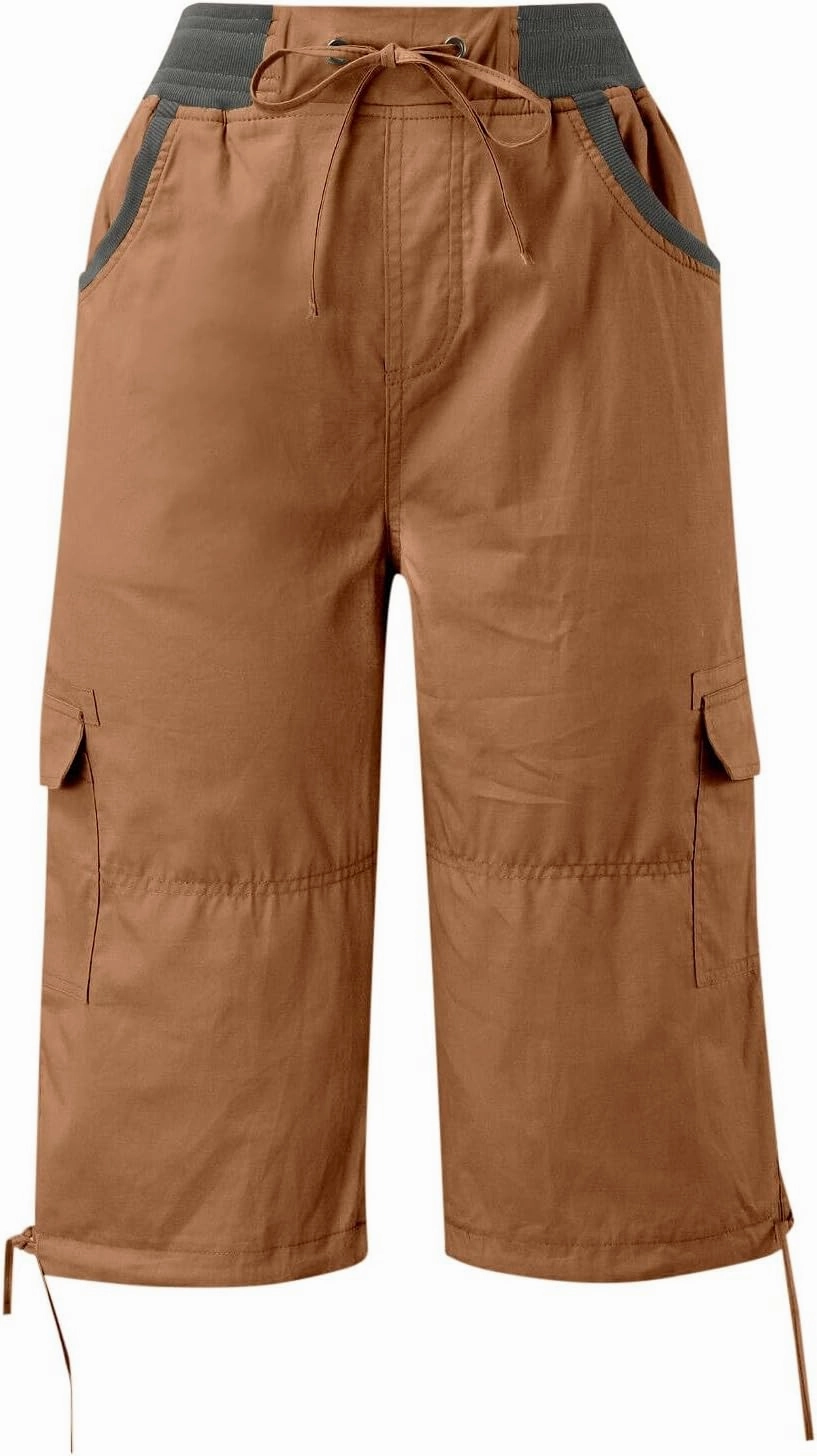 Womens Cargo Capris Summer Casual Cropped Pants Low Rise Drawstring Outdoor Hiking Pants Cotton Bermuda Shorts