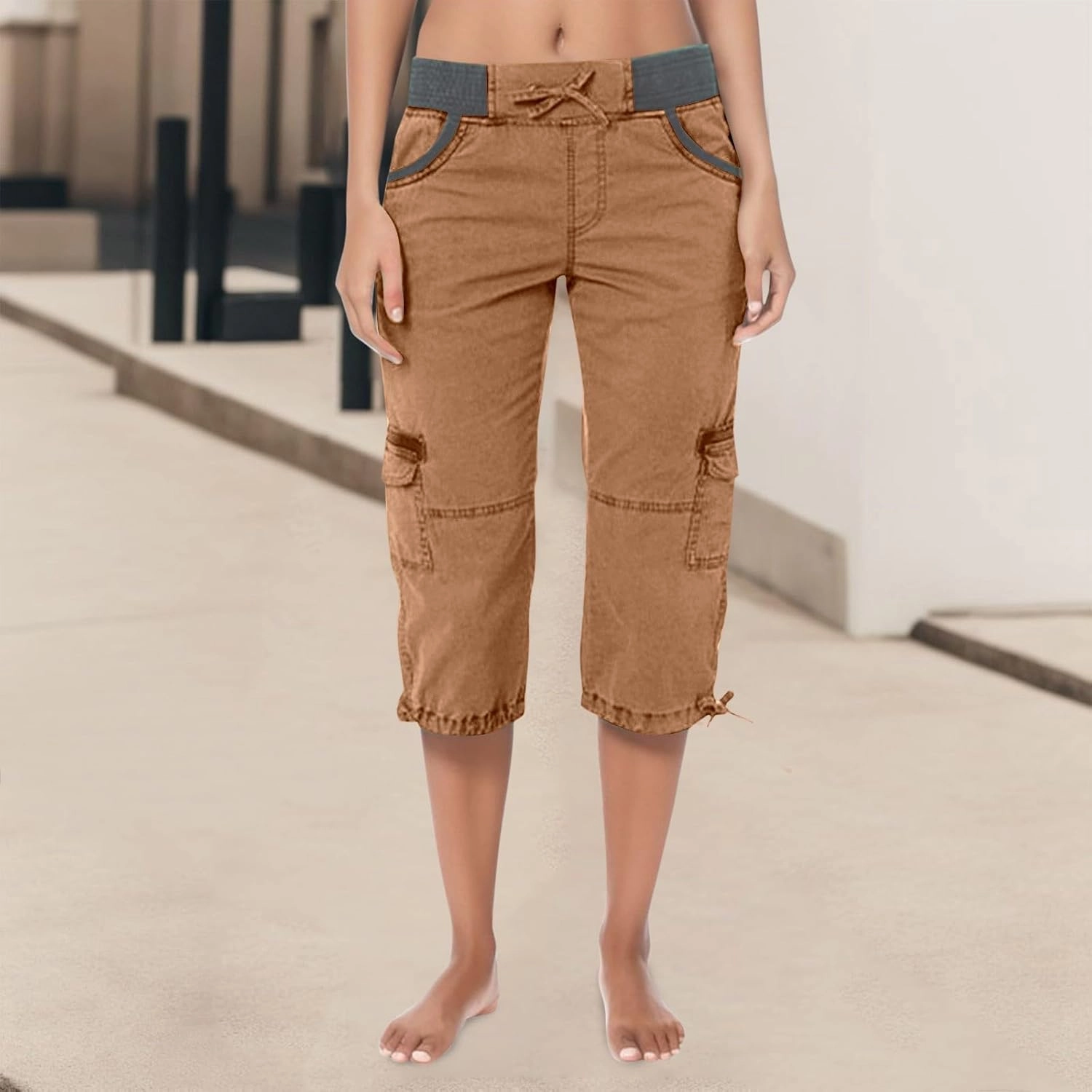Womens Cargo Capris Summer Casual Cropped Pants Low Rise Drawstring Outdoor Hiking Pants Cotton Bermuda Shorts