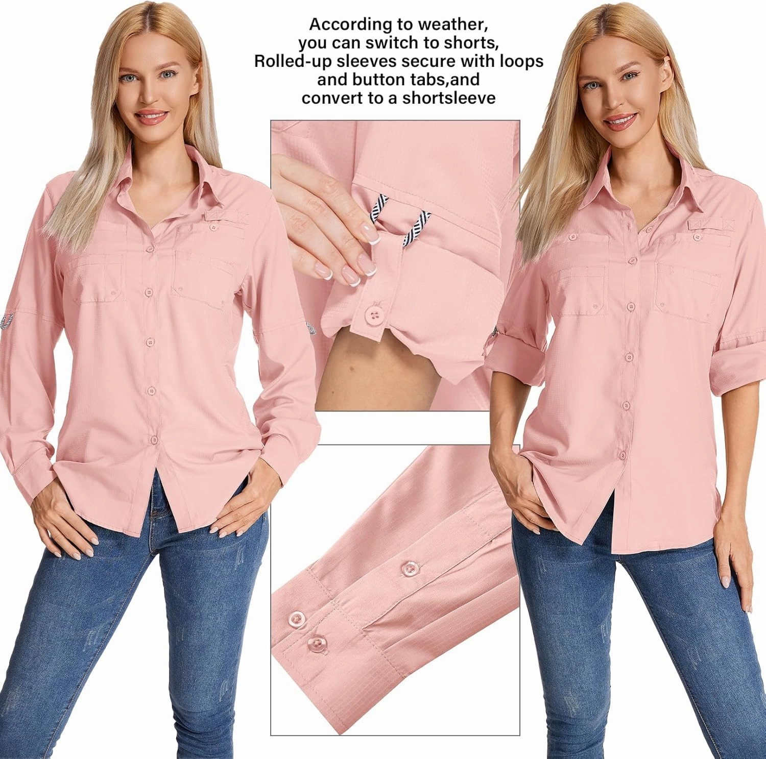 Womens Long Sleeve Sun Protection Hiking Fishing Shirts UPF 50  UV Lightweight Quick-Dry Safari Shirts Womens Outdoor