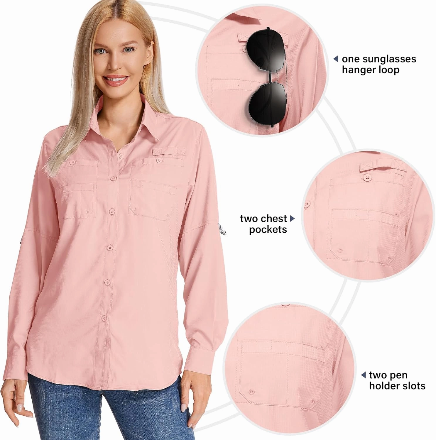 Womens Long Sleeve Sun Protection Hiking Fishing Shirts UPF 50  UV Lightweight Quick-Dry Safari Shirts Womens Outdoor