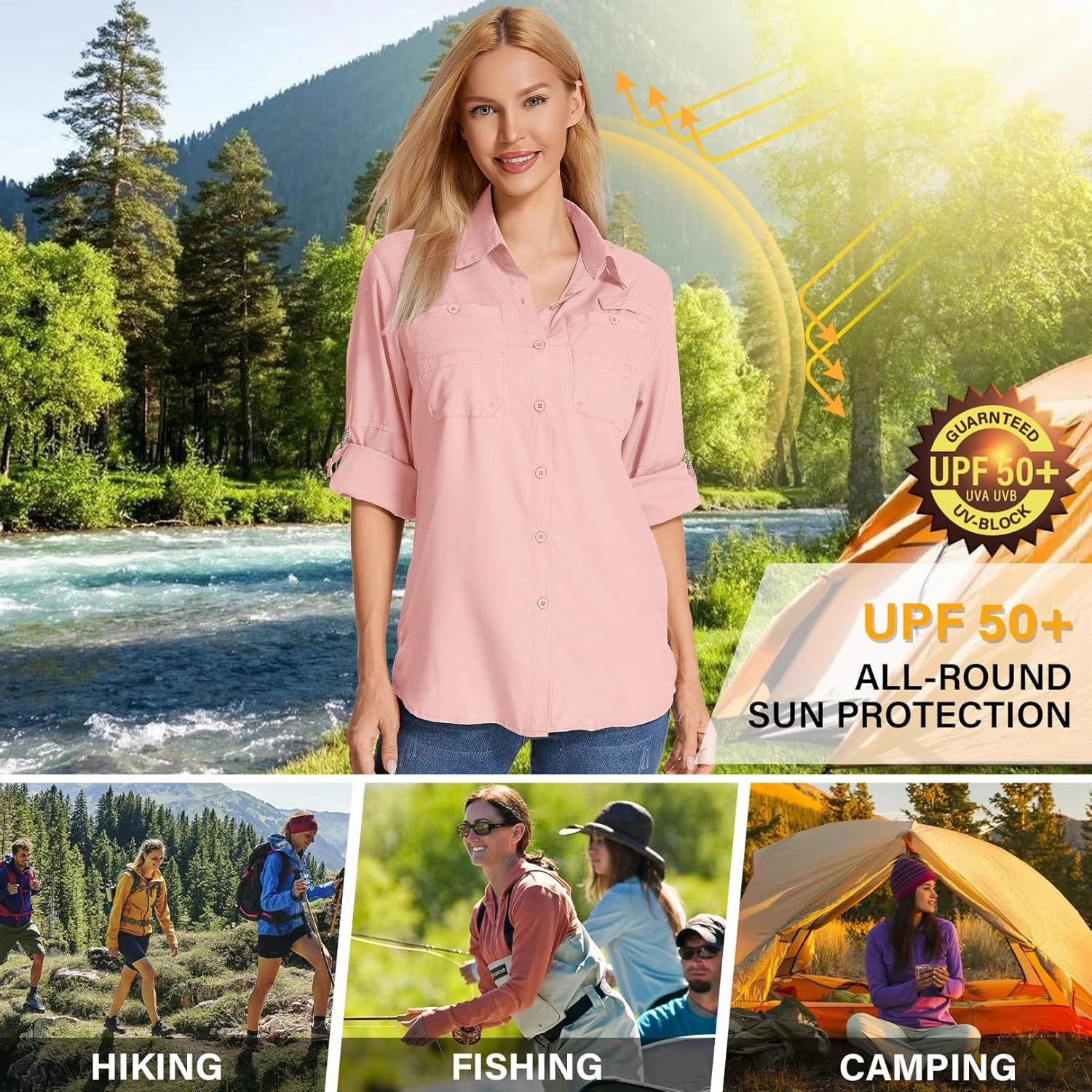 Womens Long Sleeve Sun Protection Hiking Fishing Shirts UPF 50  UV Lightweight Quick-Dry Safari Shirts Womens Outdoor