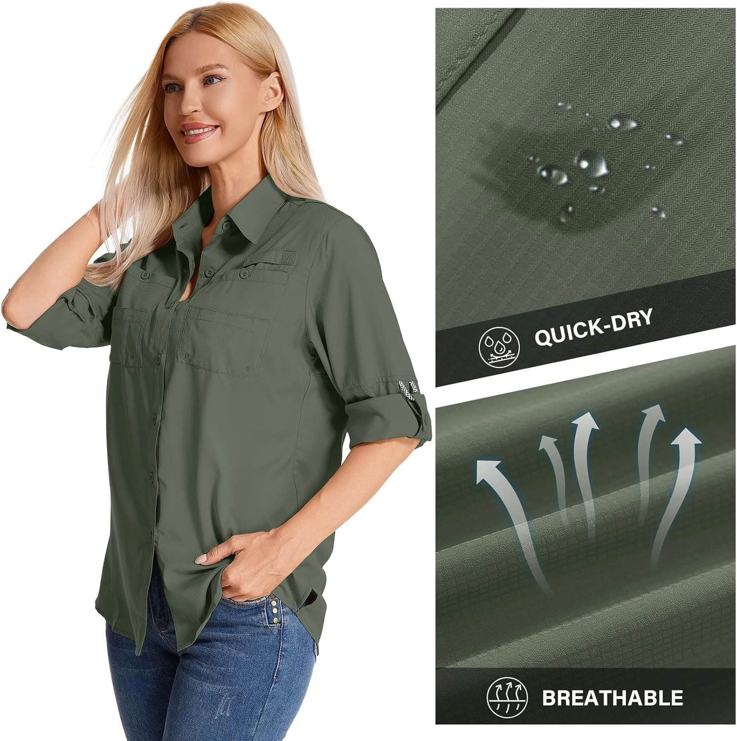 Womens Long Sleeve Sun Protection Hiking Fishing Shirts UPF 50  UV Lightweight Quick-Dry Safari Shirts Womens Outdoor