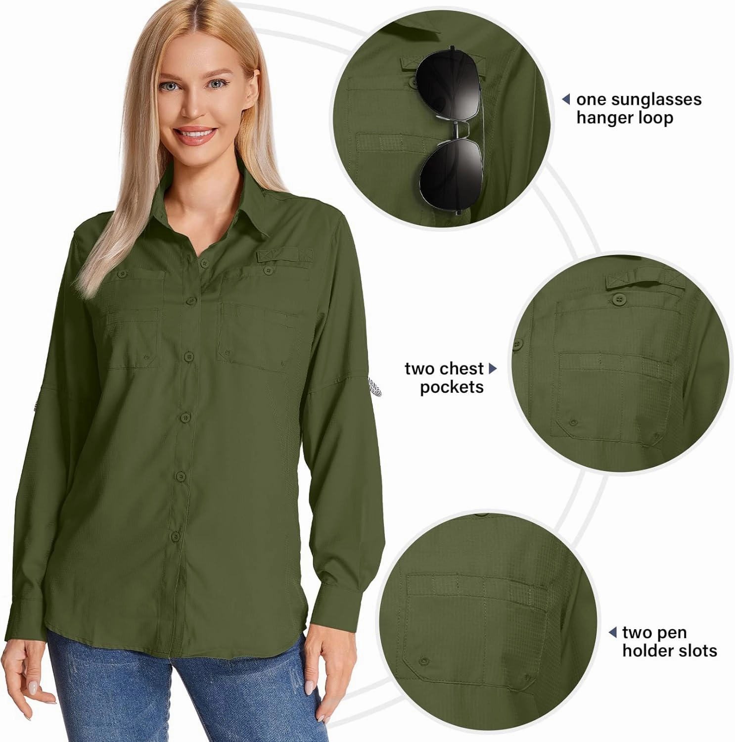 Womens Long Sleeve Sun Protection Hiking Fishing Shirts UPF 50  UV Lightweight Quick-Dry Safari Shirts Womens Outdoor