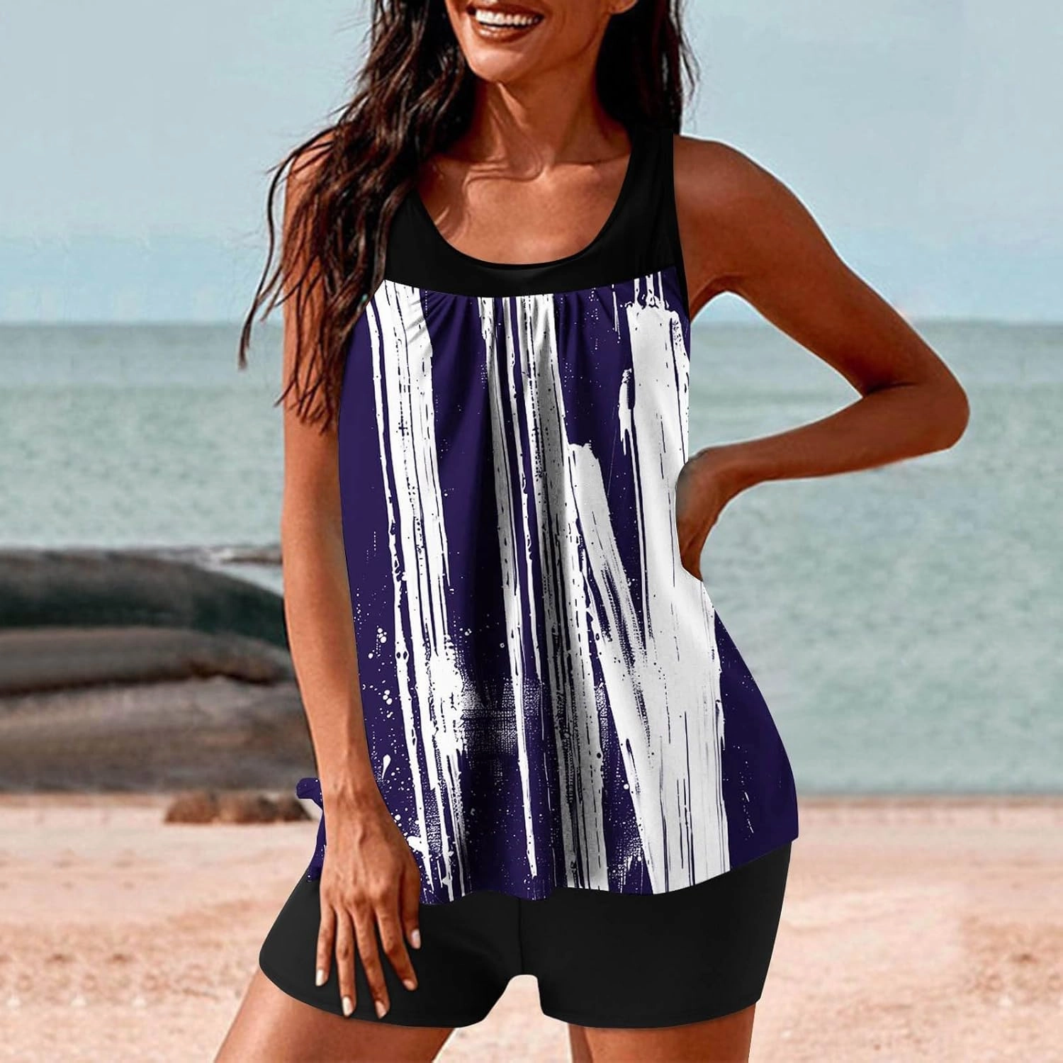 Womens Tankini Swimsuits 2025 Sports Tummy Control Printed Bathing Suits Two Piece Swimwear Tank Top with Shorts 2025