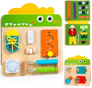 Wooden Busy Board for Toddlers 1-3 2-4, Montessori Learning Toy with 19 Eductional Activities, Sensory Activity Board to Develop Fine & Life Motor Skills, Gift for Boy & Girl