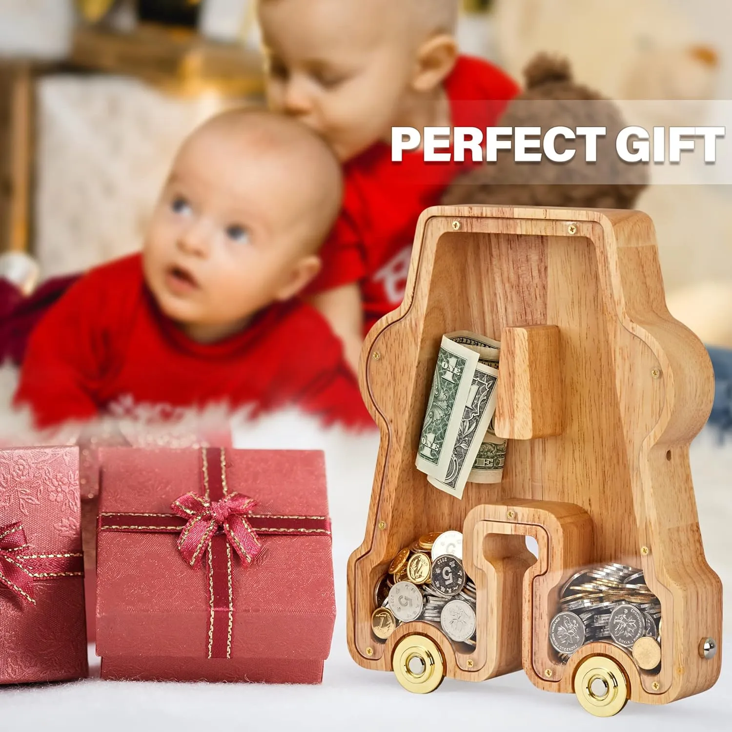 Wooden Letter Piggy Bank, Inter-connectable Piggy Bank for Kids Boys Girls, Alphabet K Money Bank Toy with Wheels, for Kids (Initial-K)