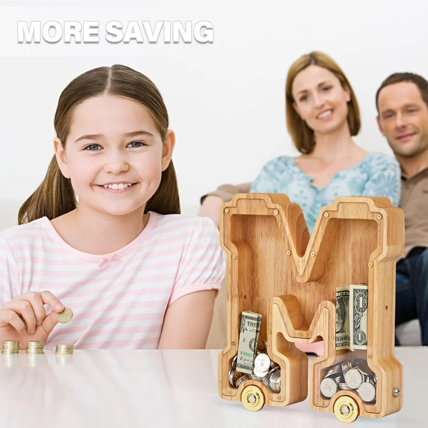 Wooden Letter Piggy Bank, Inter-connectable Piggy Bank for Kids Boys Girls, Alphabet K Money Bank Toy with Wheels, for Kids (Initial-K)