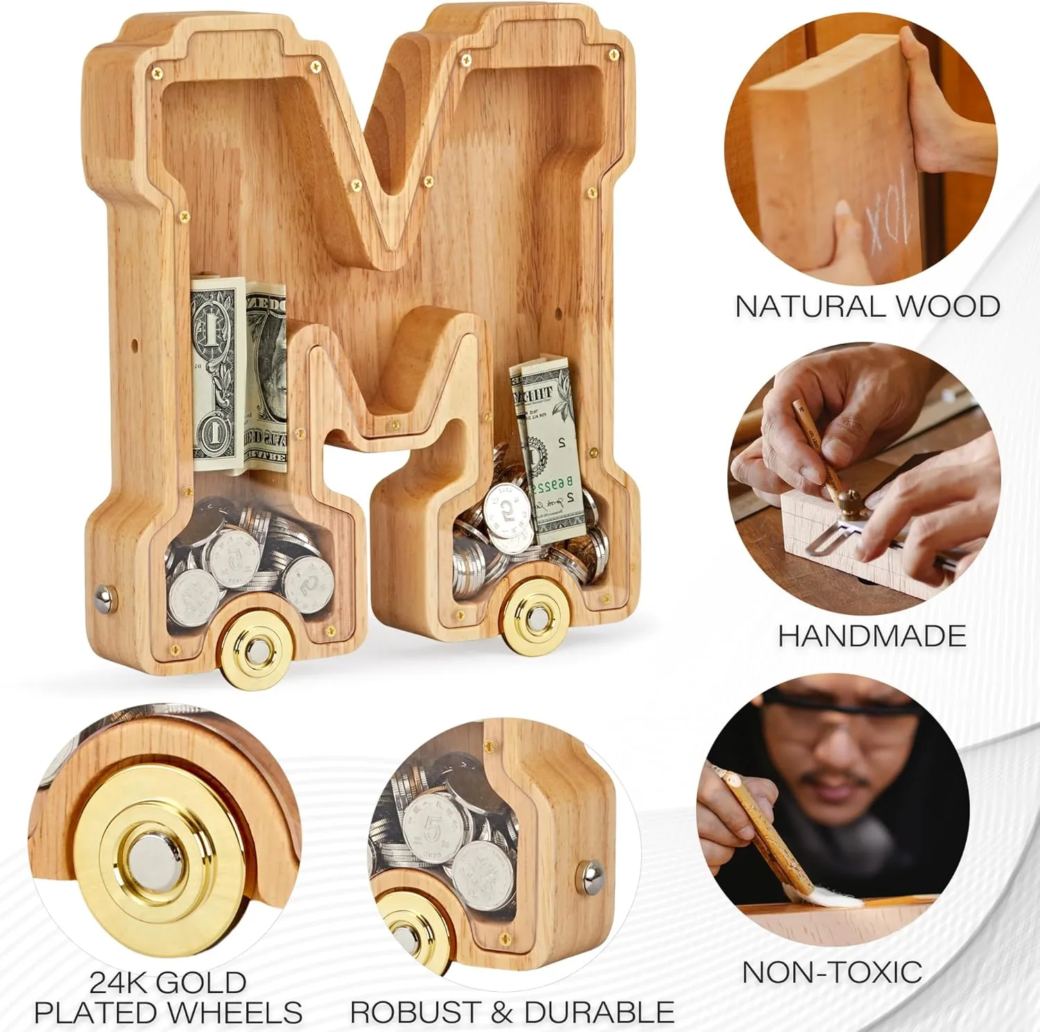 Wooden Letter Piggy Bank, Inter-connectable Piggy Bank for Kids Boys Girls, Alphabet K Money Bank Toy with Wheels, for Kids (Initial-K)