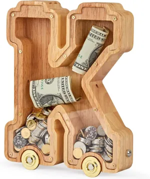 Wooden Letter Piggy Bank, Inter-connectable Piggy Bank for Kids Boys Girls, Alphabet K Money Bank Toy with Wheels, for Kids (Initial-K)