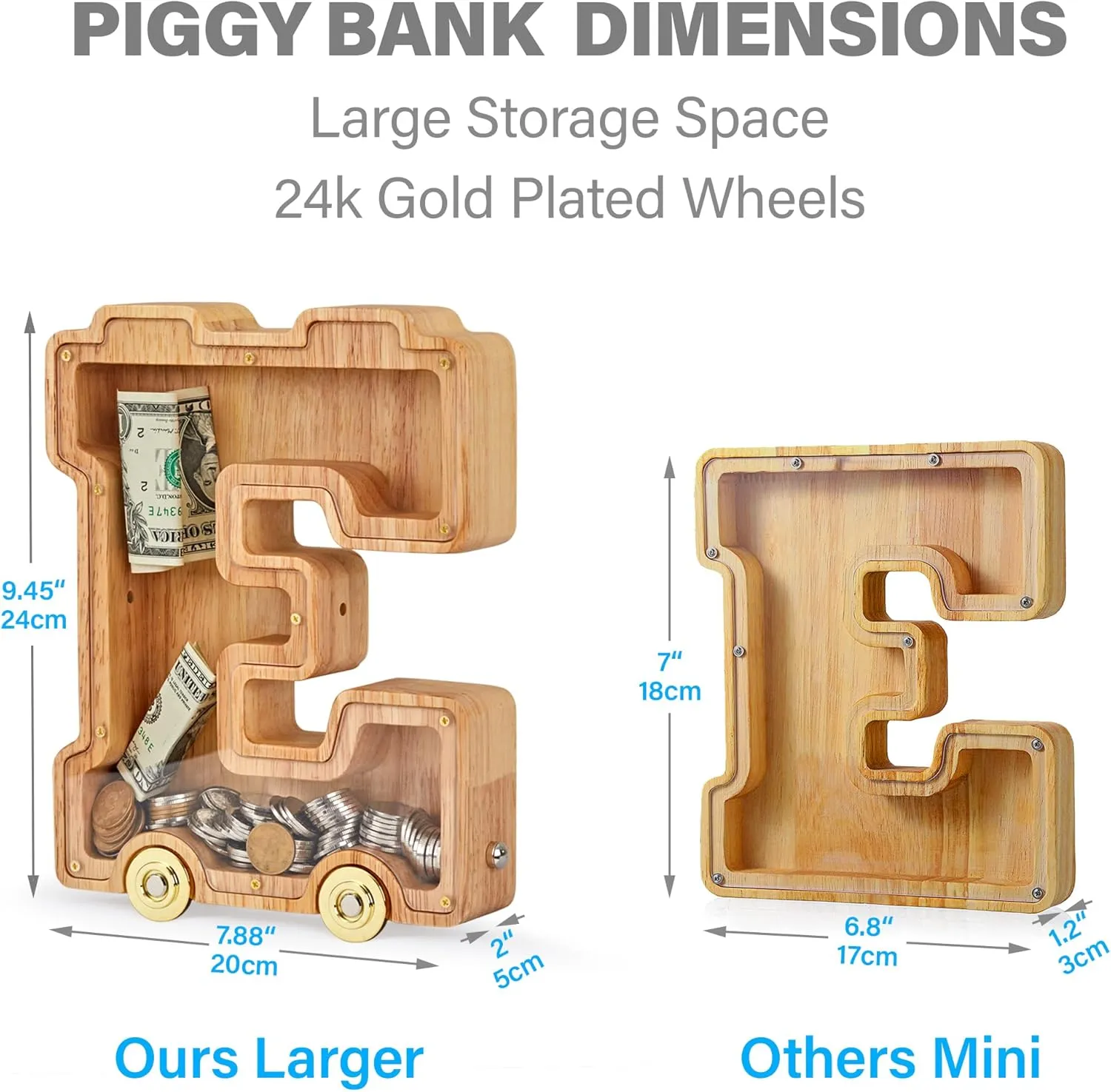 Wooden Letter Piggy Bank, Inter-connectable Piggy Bank for Kids Boys Girls, Alphabet K Money Bank Toy with Wheels, for Kids (Initial-K)