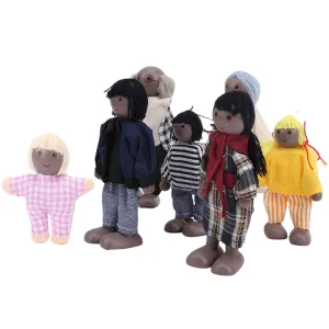 Wooden Miniature Dollhouse Family Doll Set, Movable Limbs, Roleplaying Fun for Kids, Quality Wood Construction with 7 Figures for Children 1-7 Years, Inspiring Creativity, (7 Black Puppets)