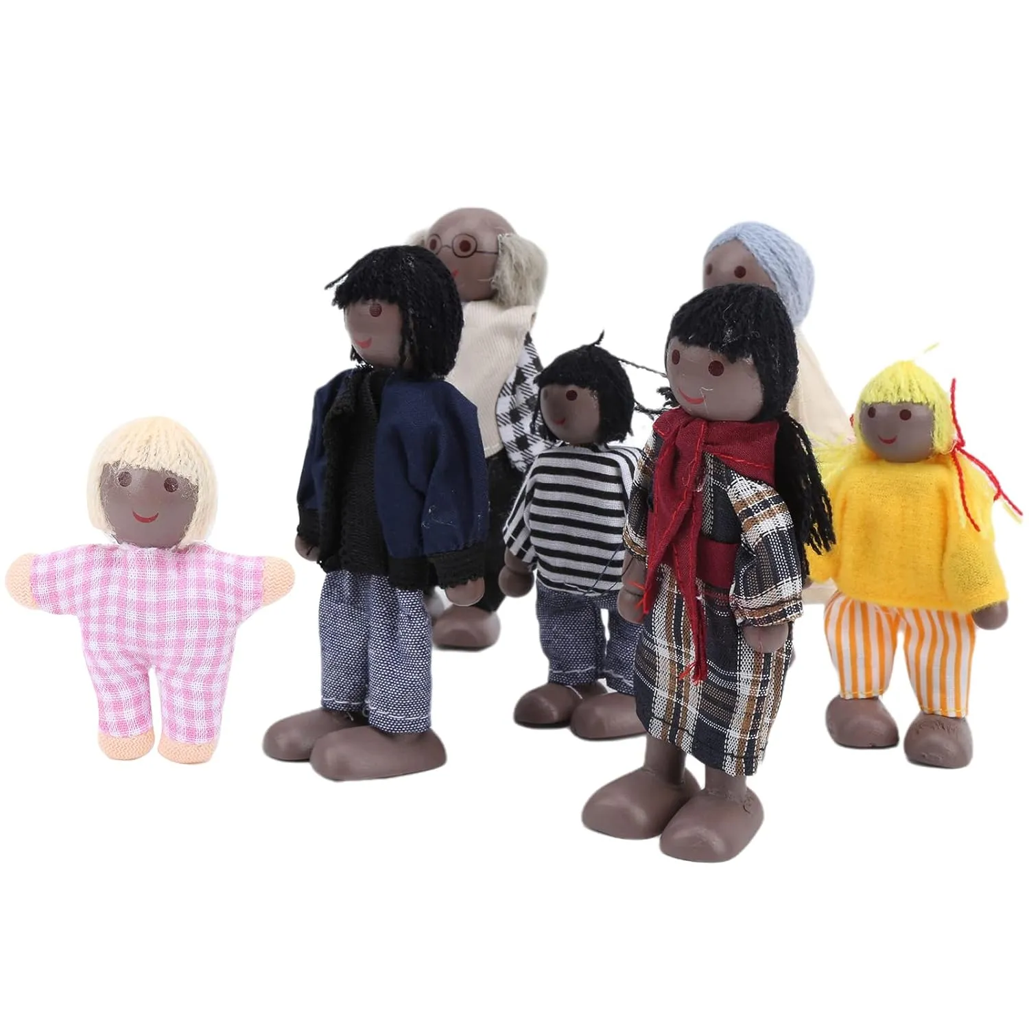 Wooden Miniature Dollhouse Family Doll Set, Movable Limbs, Roleplaying Fun for Kids, Quality Wood Construction with 7 Figures for Children 1-7 Years, Inspiring Creativity, (7 Black Puppets)