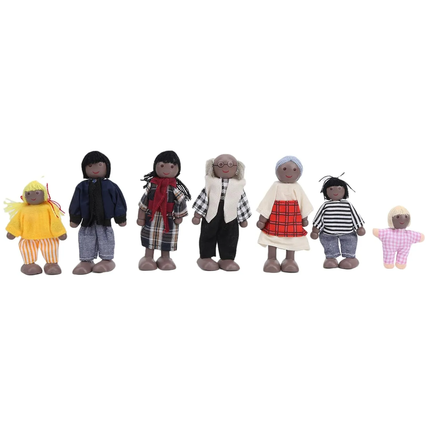 Wooden Miniature Dollhouse Family Doll Set, Movable Limbs, Roleplaying Fun for Kids, Quality Wood Construction with 7 Figures for Children 1-7 Years, Inspiring Creativity, (7 Black Puppets)